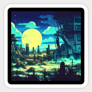 post-apocalyptic land on a starry night Sticker